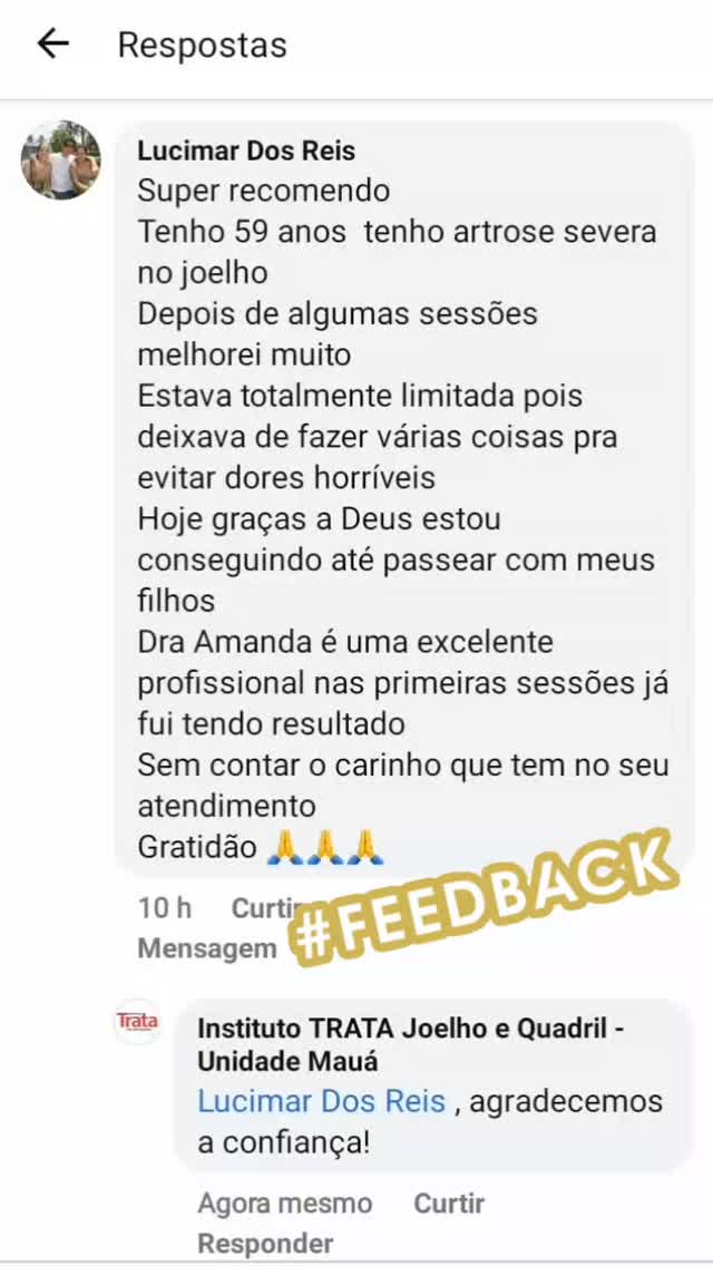 Relato de paciente com artrose no joelho que melhorou após sessões com a Dra. Amanda
